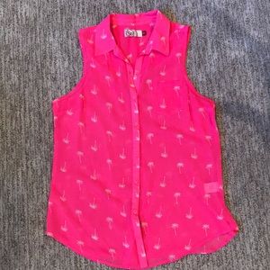 Sleeveless Sheer Palm Print Button Up